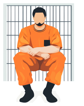 A male prisoner sits within a jail cell. png