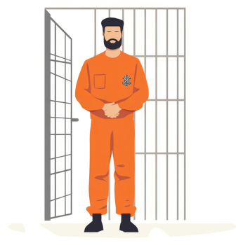 A prisoner stands at a prison cell door. png