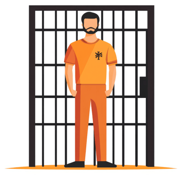 A man in an orange jumpsuit stands before prison bars. png
