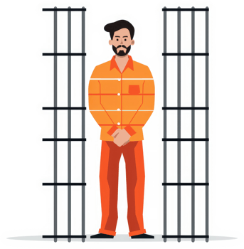 A man in orange prison uniform, standing behind bars. png