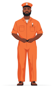A dark-skinned man in an orange uniform, wearing a cap with a medical symbol. png