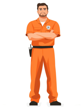 A male worker in protective orange coveralls. png