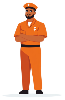 A man in an orange uniform with a cross symbol, standing confidently. png