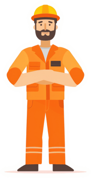 A confident worker in protective orange uniform and safety hard hat. png