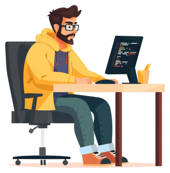 A man in a yellow jacket working at a computer. png