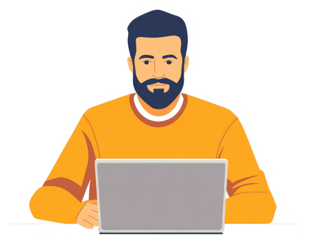 A man in an orange sweater working on a laptop. png