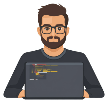 A man with a beard and glasses working on a laptop displaying code. png