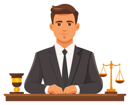 A male lawyer in a suit, seated at a desk with legal symbols. png