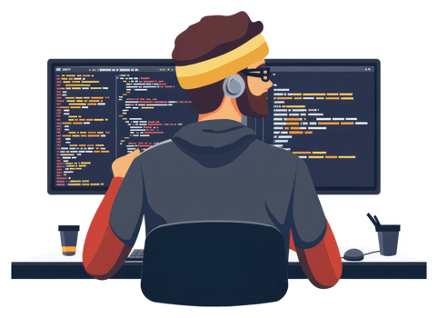 A programmer intently focusing on lines of code on multiple computer screens. png