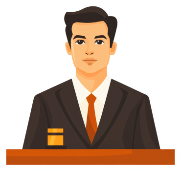 A businessman in a dark suit and orange tie, professionally posed. png