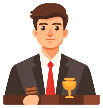 A male auctioneer in a formal suit, holding a gavel and standing behind a wooden podium. png
