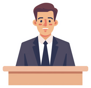 A businessman seated behind a podium, smiling. png