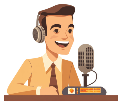 A vintage radio announcer speaks into a microphone. png