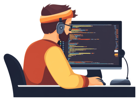 A focused programmer engrossed in coding on a computer. png