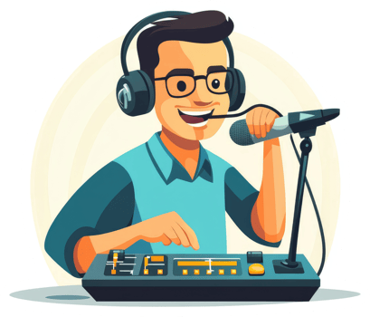 A cartoon illustration of a person operating a soundboard and microphone. png