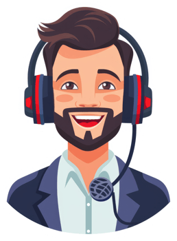 A friendly customer service representative wearing headphones and a headset. png