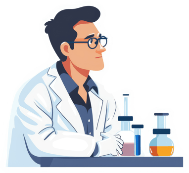 A pensive scientist in a lab coat surrounded by beakers and test tubes. png