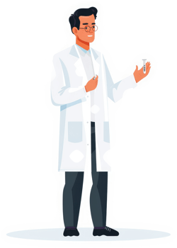 A scientist in a white lab coat presenting a specimen. png