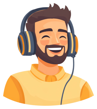A joyful man wearing headphones, expressing happiness. png
