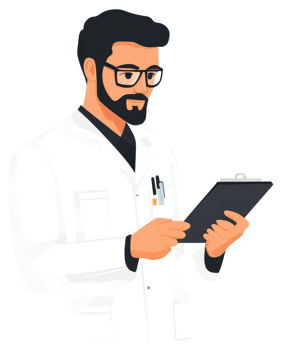 A professional doctor holding a clipboard, focused and attentive. png