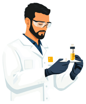 A focused scientist examines a liquid sample in a laboratory setting. png