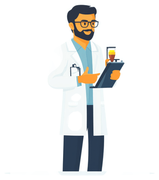 A male scientist in a white lab coat holding a clipboard with laboratory equipment. png