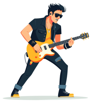 A rock guitarist performs an energetic electric guitar solo. png