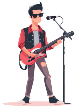A cool musician playing a red electric guitar and singing into a microphone. png