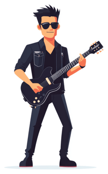 A cool cartoon guitarist in a black leather jacket and sunglasses. png