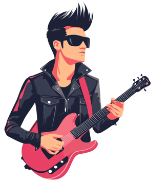 A stylish rock guitarist in a black leather jacket, playing a pink electric guitar. png