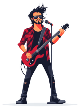 A rock musician performing on stage with a red electric guitar and microphone. png
