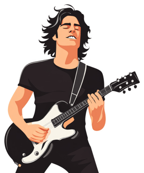 A man playing an electric guitar with passion. png
