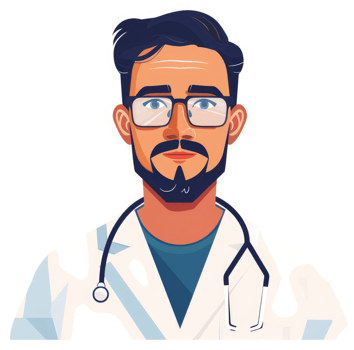 A friendly and professional male doctor wearing glasses and a stethoscope. png