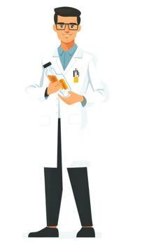 A scientist in a white lab coat holding a liquid-filled bottle. png