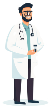 A friendly doctor in a white coat holding a test tube. png