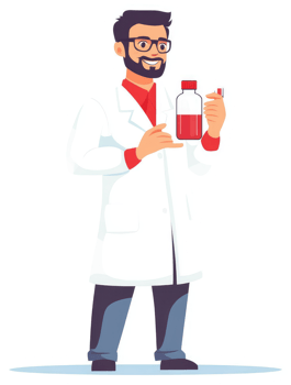 A scientist displaying a red liquid sample in a container. png