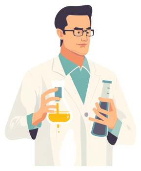 A focused male scientist in a lab coat examining chemical compounds. png