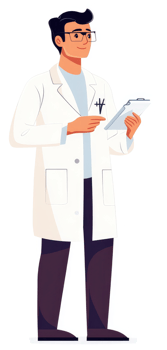 A professional medical doctor in a white coat, reviewing patient records. png