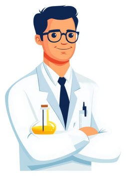 A friendly scientist in a white lab coat, holding beakers and ready for experimentation. png