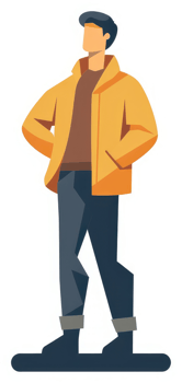A man in an orange jacket and dark pants. png