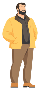 A man in a yellow jacket and brown pants. png