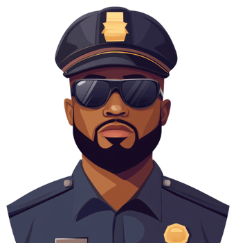 A portrait of a serious, uniformed black police officer. png