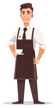 A smiling barista holding a coffee cup and saucer. png