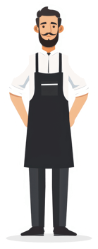 Illustration of a man wearing a black apron and white shirt. png