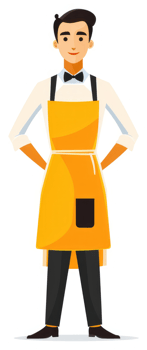 A smiling man in a bright yellow apron and black pants. png