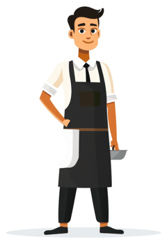 A smiling man in a chef's uniform holding a pan. png