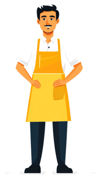 A friendly, confident, cartoon depiction of a person wearing a yellow apron. png