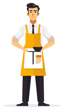 A friendly waiter in a vibrant yellow apron. png