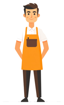 A friendly cartoon depiction of a person wearing an orange apron. png