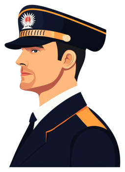 Profile view of a uniformed security guard in a formal navy blue uniform. png